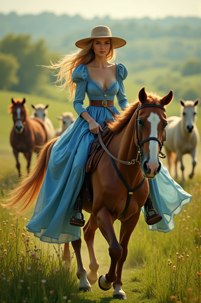 a beautiful blonde woman in blue dress with hat riding a horse and herd running in a green field
