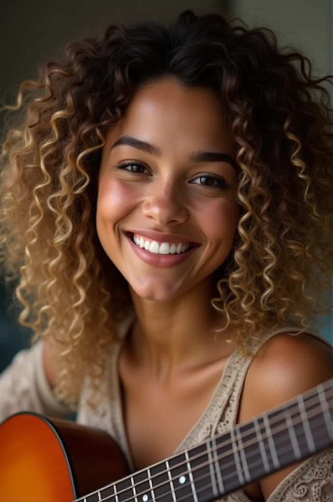 white, half mixed race, beautiful smile, curly brown hair with blonde ends, guitar body, crista e sexy