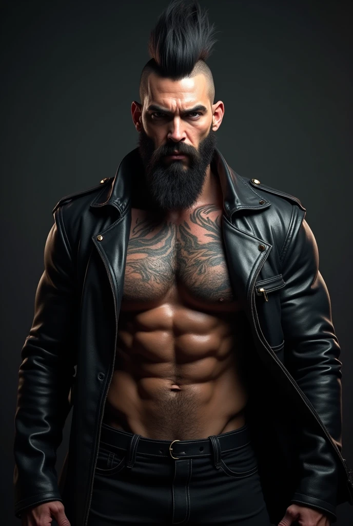 a muscular man in a long black leather coat, detailed facial features, extremely detailed muscular physique, prominent chest hair, masculine tattoos, large bulge in pants, fierce and intimidating expression, commanding pose, black mohawk, bearded face, clear and sharp lighting, photorealistic, cinematic, dark and moody, dramatic, hyper-realistic, high quality, 8k, ultra-detailed, physically-based rendering, studio lighting
