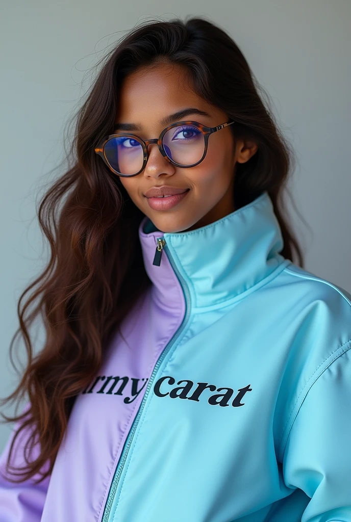Dark skinned teenage girl with long brown hair and glasses wearing a half light blue half pastel purple jacket that says ARMYCARAT 