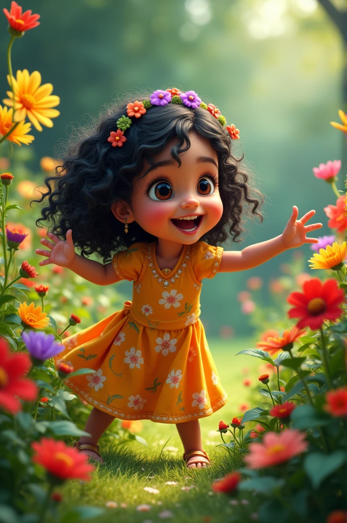 Erê, a tiny girl with indigenous features, brown skin, straight hair with pigtails in the hair, near the waterfall, giggling, wearing a pink dress with yellow details, with bows in her hair, full of sweets nearby