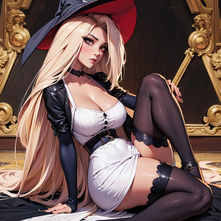 on fours, back view, sex(masterpiece, best quality:1.4), absurdres, highres, ultra detailed, beautiful, (witch), (perfect face, detailed face, beautiful:1.3),(natural breasts, cleavage), collarbone, fingerless gloves, gloves,spaghetti strap top, black pencil skirt, tight, over the knee skirt, hat, elegant witch outfit, thighhighs, thick thighs, thighs, multiple belts, More detailed 8K.motor irreal:1.4,UHD,La mejor calidad:1.4, fotorrealista:1.4, textura de la piel:1.4, obra maestra:1.8,obra-prima, mejor calidad,objeto Objeto], (detailed face features:1.3),(manos detailed)