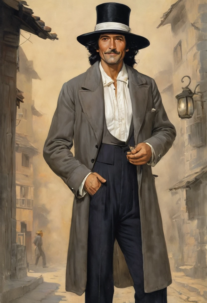 (good quality), (lot of details), (​masterpiece), Ein Mann mit hut und Zigarette (20 age old), open coat with fur collar, bare chest (hairy), hut (grey with white band), wavy shoulder-length black hair, Coin playfully between the fingers, Tricksters, gipsy, smaller Bart, full body picture, mischievous laugh, oval face, sexly, 