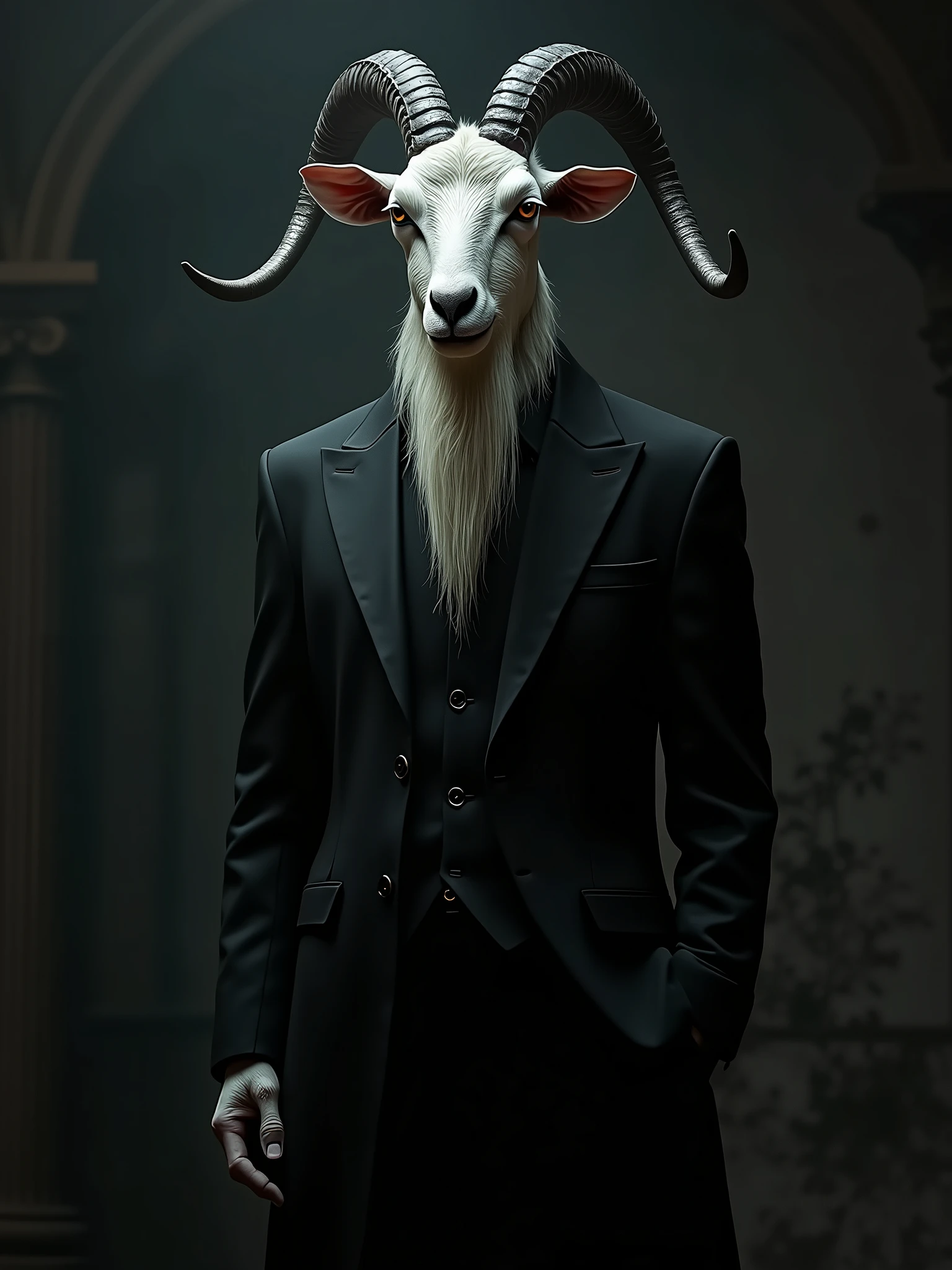 arafed goat with a long beard and a black suit, with black horns instead of ears