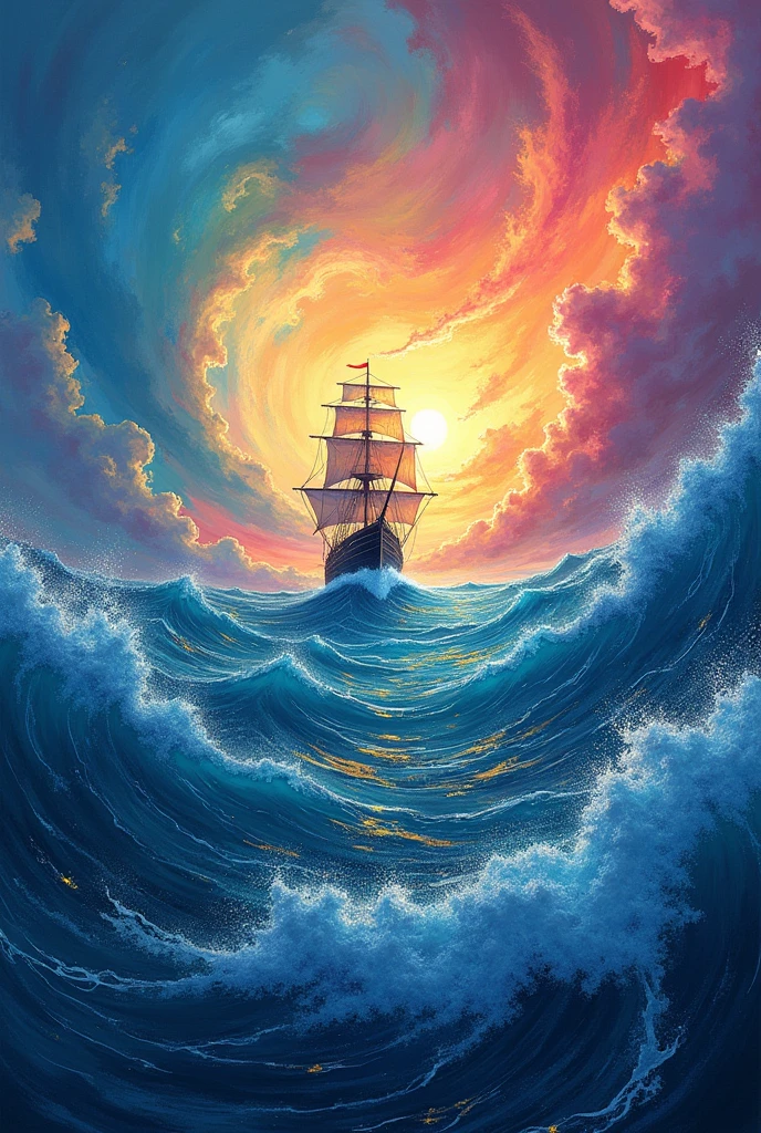 A vibrant depiction of a vast ocean with a ship navigating towards a distant, colorful island. The ocean is teeming with lively colors, and the sky is filled with dynamic, swirling patterns. The focus is on the ship's journey, with rich details of the water, sky, and the joy of exploration."