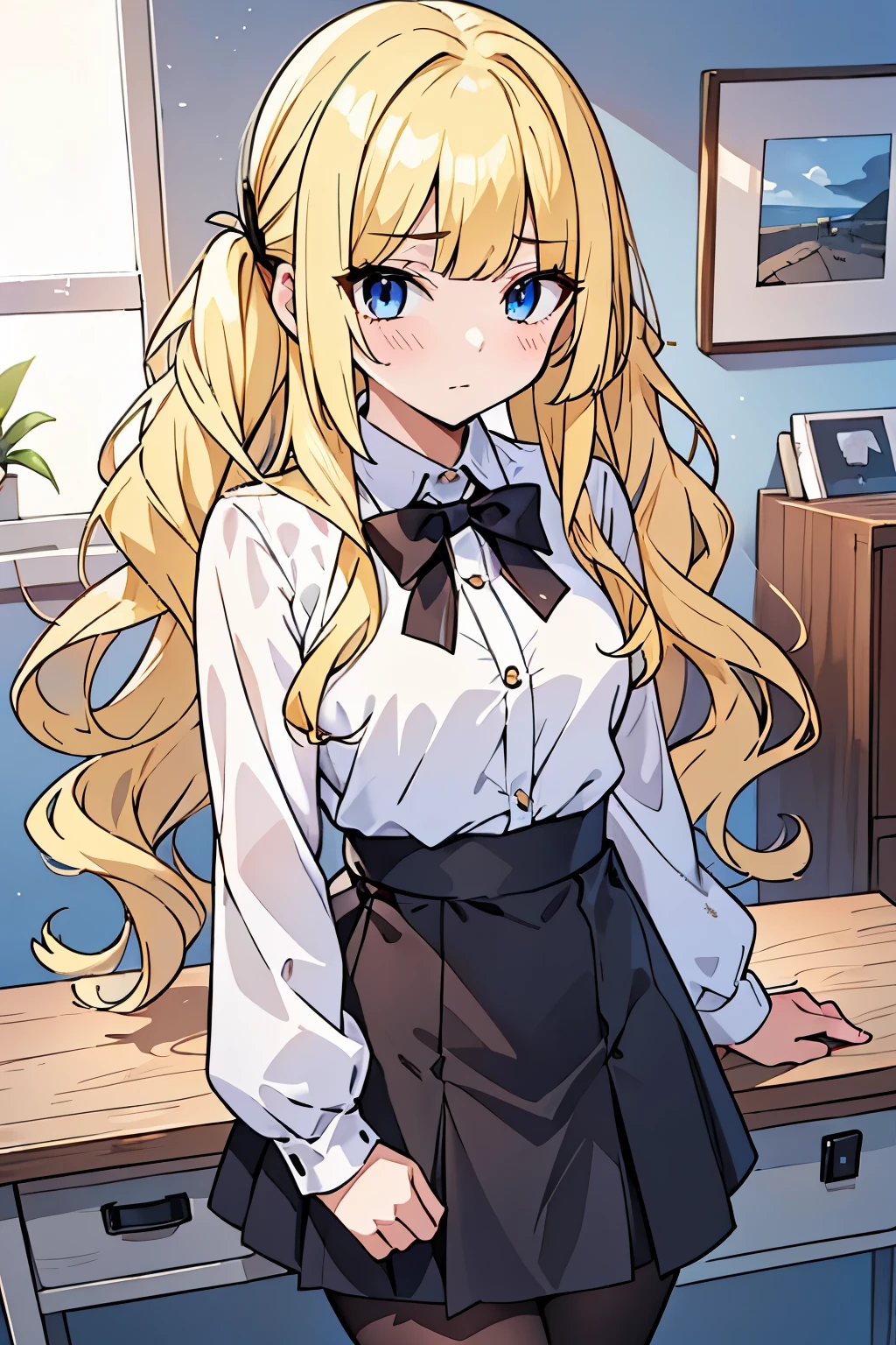 cowboy shot, Young adult girl, 1 girl, pigtails, yellow  hair, hime cut, extra long hair, light blue eyes, golden blonde hair, voluminous hair, disheveled wavy hair, (medium small breasts), (young female body: 1.4) , office, leaning against desk, black pantyhose, black office skirt, white blouse, tight black skirt