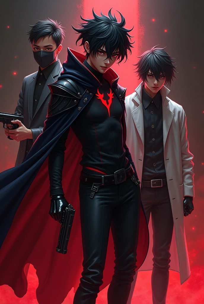 **hair**: I might have dark, messy hair, with pointed tips resembling flames or shadows, giving it a dynamic and powerful look. **CLOTHES**: He would wear a long, dark cloak, maybe with red details, that floats dramatically around him. stylized in the shoulders and arms. **Accessories**: I could wear a pair of gloves with shiny details, and maybe a mask that covers part of your face, adding a mysterious air. . **Posture**: I would be in a pose of action power or controlling dark elements. . **bottom**: A dark background or red and black tones, that highlights the contrast with the character, giving a feeling of intensity and strength. He is young in a tuxedo-type suit and has a Tommy gun and next to him is his friend in a white sweatshirt mixed with dark and wears normal glasses with dark eyes with a gun in his hand and has disheveled hair. He is a young man