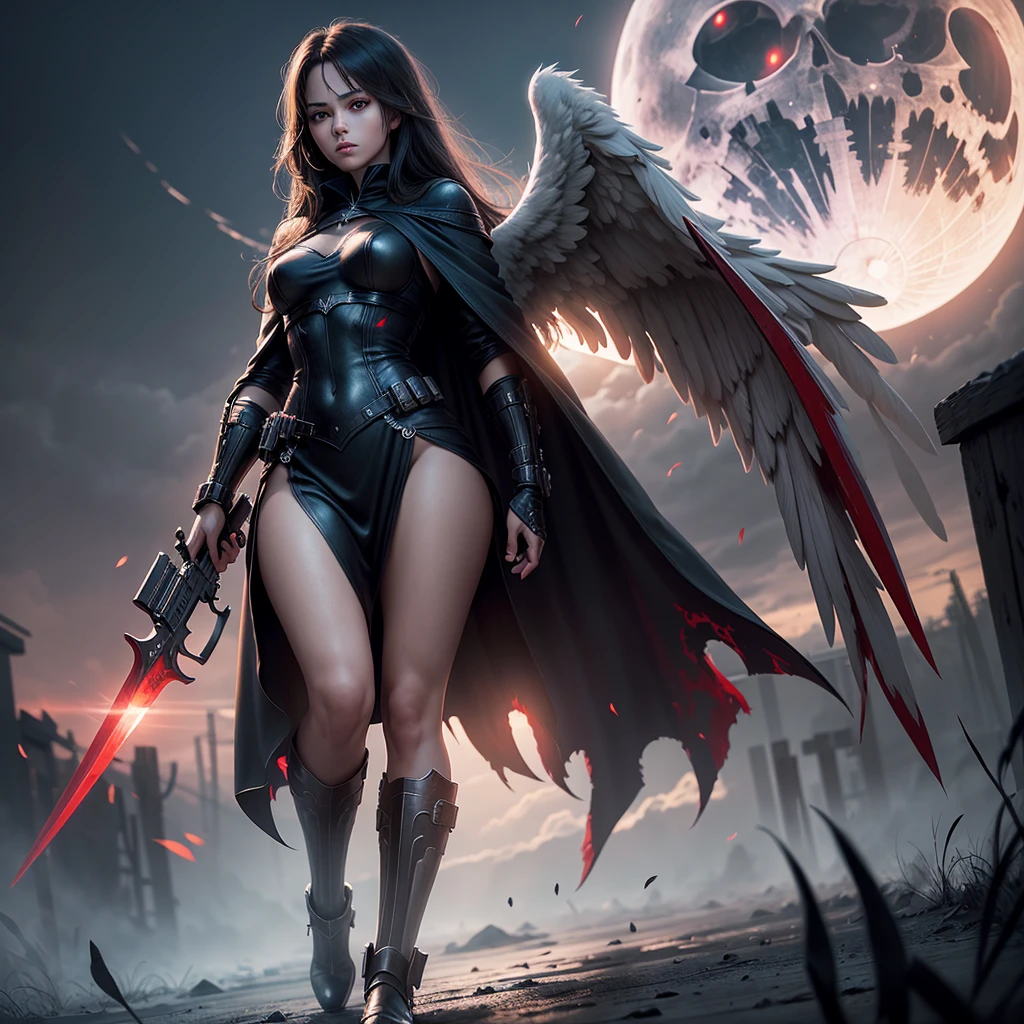 super realistic, super detailed, high resolution (1.3 resolution). angel of death. solo. bright red eyes carrying a complete weapon.. under the moonlight