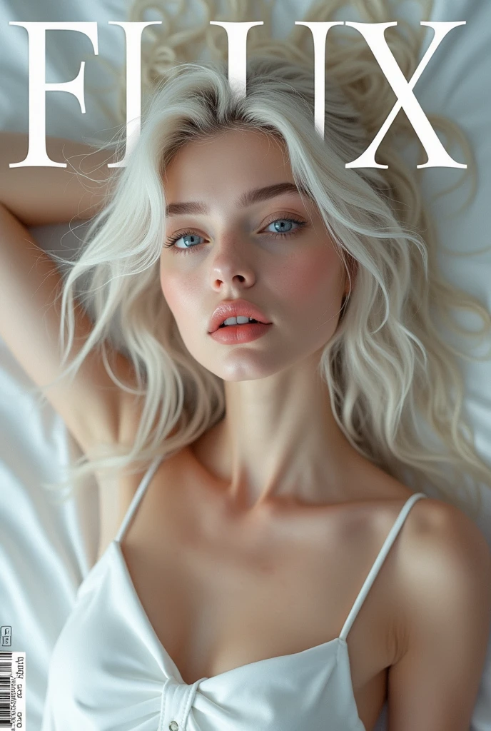 It's a women's magazine cover. Magazine style, a cover of a women's magazine big titled says "FLUX" on top, featuring overhead of extremelly beautiful khazakstan girl, slender body, detailed skin texture, detailed beautiful eyes, detailed sexy lips, natural make up, long white messy hair, white sheet, she's completely naked, 1 arm up and 1 arm covering her small breasts, grey eyes, sexy pink moist lips, slightly open mouth, looking to the viewer