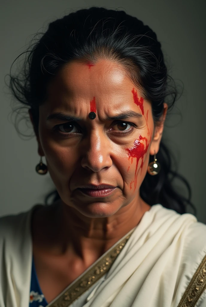 (photorealism:1.2), milf Indian Married Woman,  Expression like had Rough Sex, Red Face, Ruined Makeup,  Wrinkled Saree