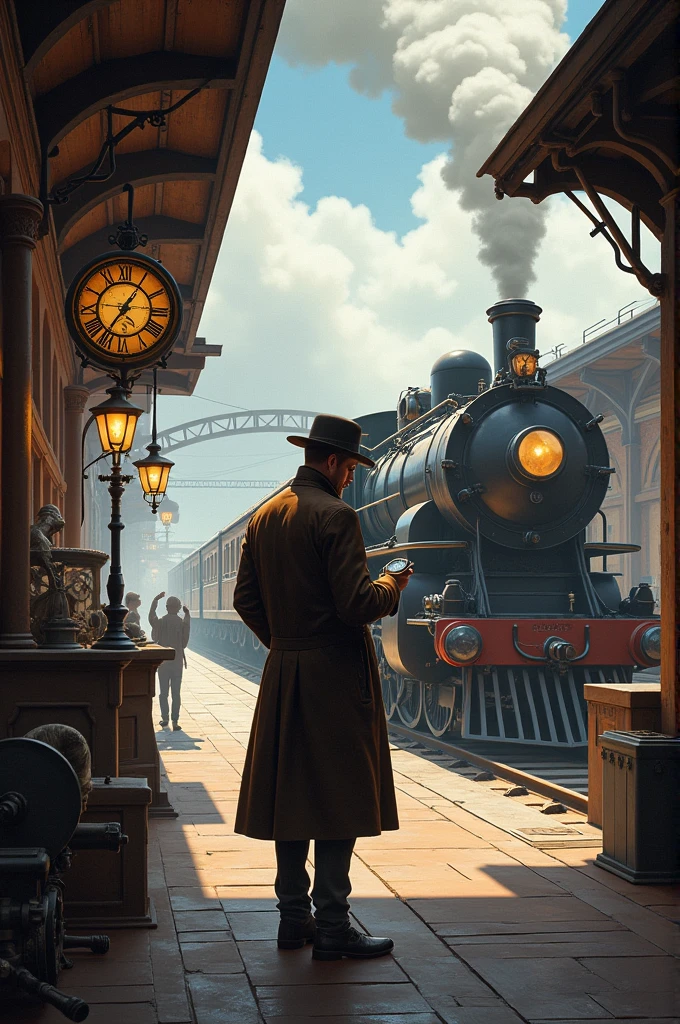Homau estilo steampunk, au.a railway station platform, olhando o relógio de bolso enquanto aguarda o trau que se aproxima