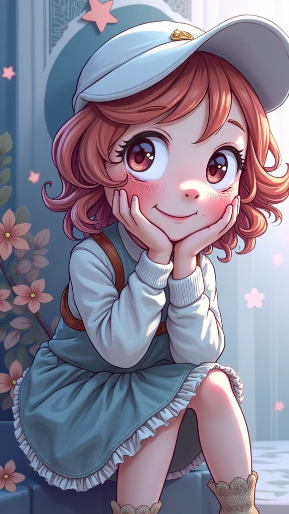 Super ultra happy cute , with freckles and ginger hair, holding her cheeks
