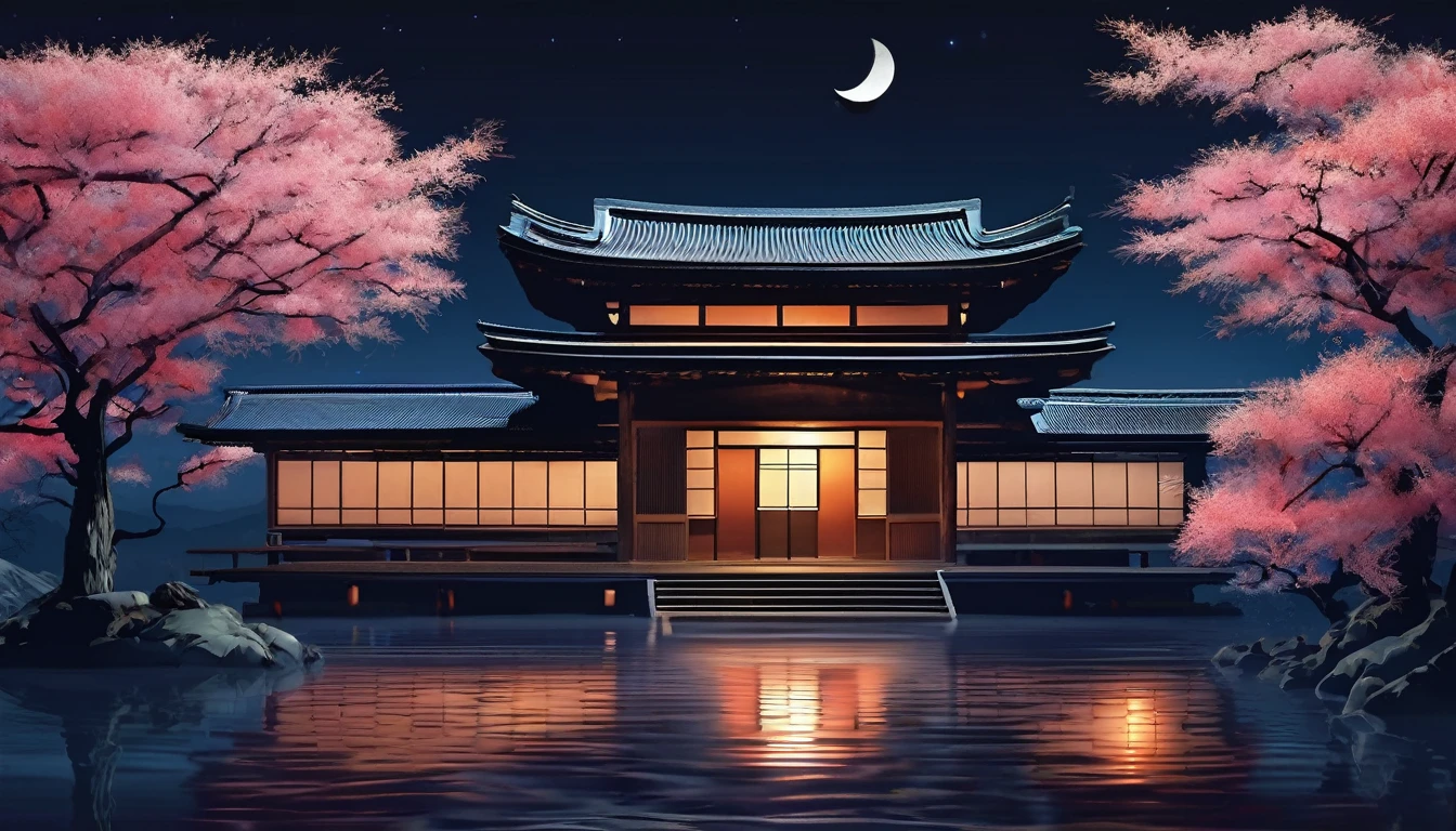 wallpapersv1, Japanese house night moon view patern style wallpapersv1, 8k