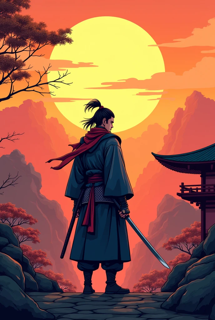 ronin, holding sword, in sunset background with temple, cartoon, lineart