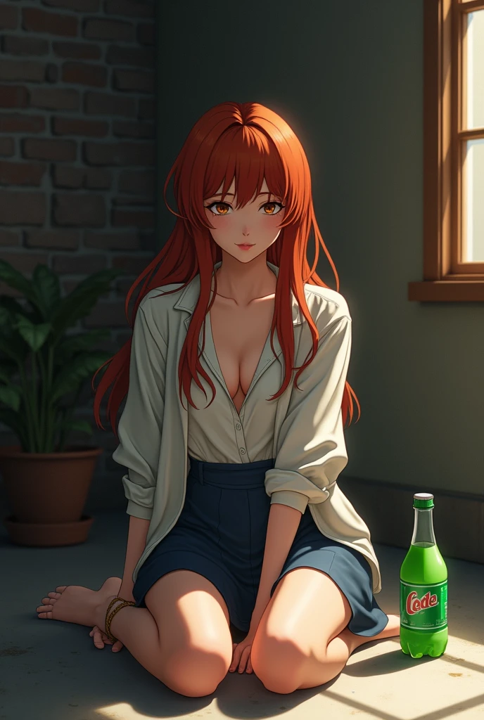 A finely detailed anime-style illustration of an auburn-haired woman sitting on a concrete floor next to a bottle of green soda. She wears a white shirt open in the front and a dark blue skirt. The background is a dimly lit room with exposed brick walls and a potted plant. The lighting is warm and soft. The image has a classic kabuki style and is inspired by the works of Kawai Gyokudō, NEVERCREW, Edo Murtić and Charles Williams, made with Unreal engine 5, light and depth with Nvidia graphics