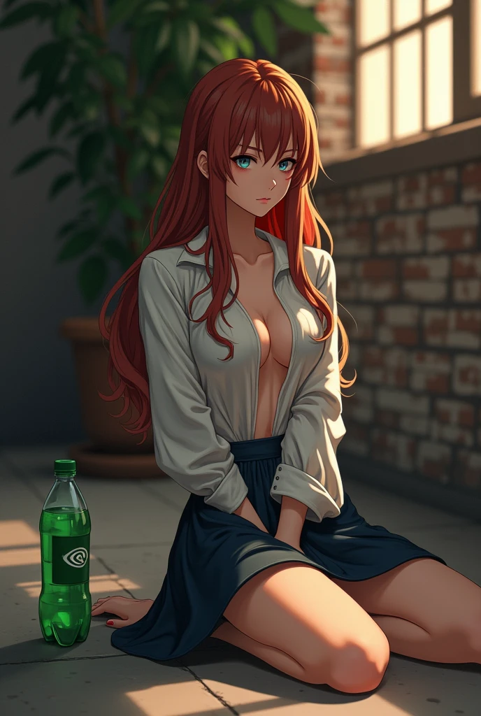 A finely detailed anime-style illustration of an auburn-haired woman sitting on a concrete floor next to a bottle of green soda. She wears a white shirt open in the front and a dark blue skirt. The background is a dimly lit room with exposed brick walls and a potted plant. The lighting is warm and soft. The image has a classic kabuki style and is inspired by the works of Kawai Gyokudō, NEVERCREW, Edo Murtić and Charles Williams, made with Unreal engine 5, light and depth with Nvidia graphics