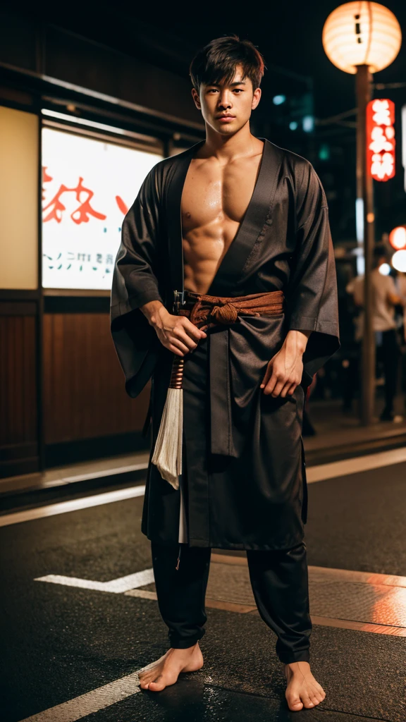 realist:1.3,( fotorrealist, 8k, RAW Photos, Premium quality, masterpiece, epic lighting, Centered image), full body, (handsome Japanese young man, self-confident and with well-formed muscles., Perfectly detailed bad boy and body), intricate details, brown hair that is a little long and disheveled, messy long wet hair, samurai, wear kimono, barefoot, dual katana, Tokyo, Shibuya