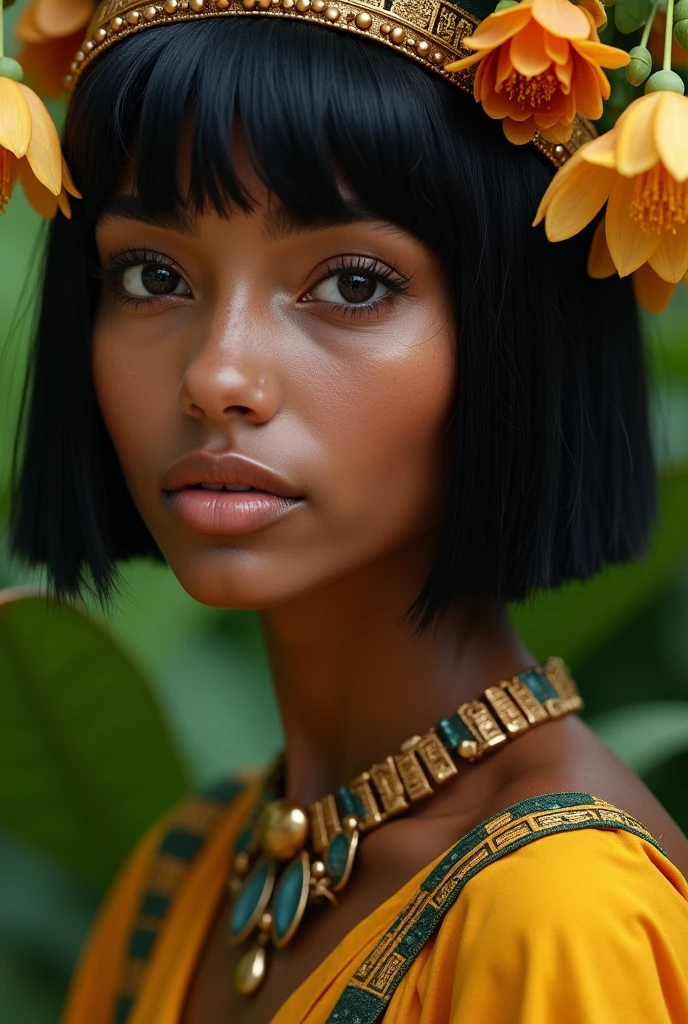 A Brazilian woman with dark skin, short black hair, thin and in a garden Osiris before, wearing ancient Egyptian clothing , with a close-up capturing the harmonious beauty between her lips and the natural flowers