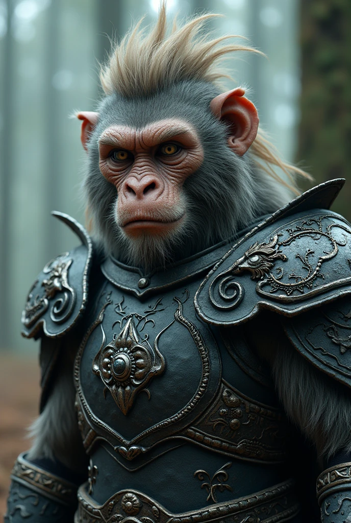 A highly detailed and realistic depiction of a warrior with the features of a humanoid monkey. The warrior has a fierce and determined expression, with grayish-brown fur covering his face and head. He is wearing ornate, dark metallic armor adorned with intricate dragon designs, giving a powerful and mythical appearance. His hair is styled in a wild and spiky manner, with a regal yet battle-worn look. The background is a misty, forested environment, adding to the mystical and ancient atmosphere. The image should have a cinematic quality, with attention to the texture of the armor and the warrior's fur, capturing the intensity and strength of the character.