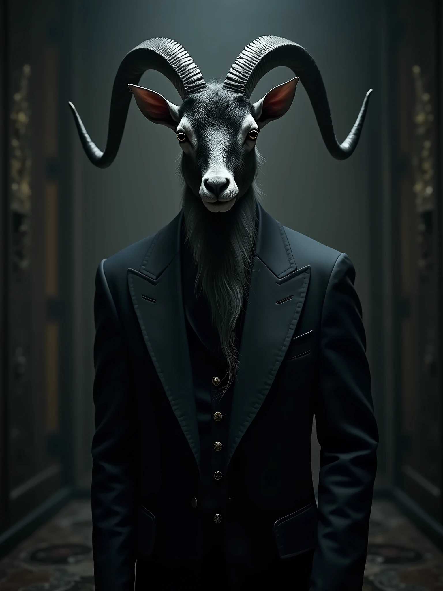 arafed goat with a long beard and a black suit, with black horns instead of ears