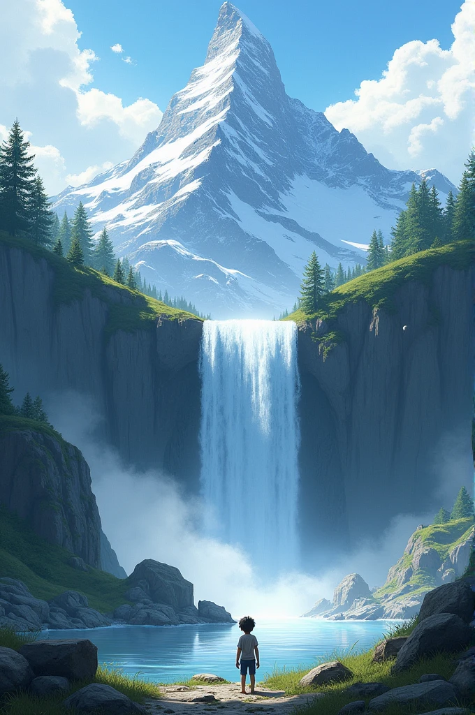 Mountain and waterfall a boy standing near it