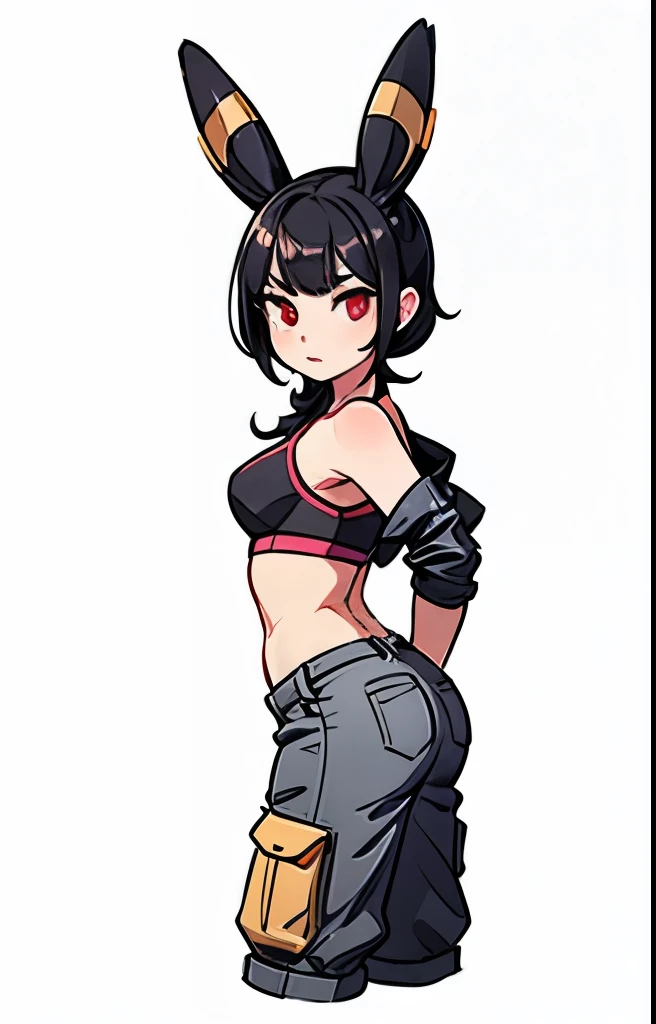 Black hair, Umbreon ears, red eyes, black cargo shorts, pink sports bra, médium breast, open Black leather jacket, round ass, small hips