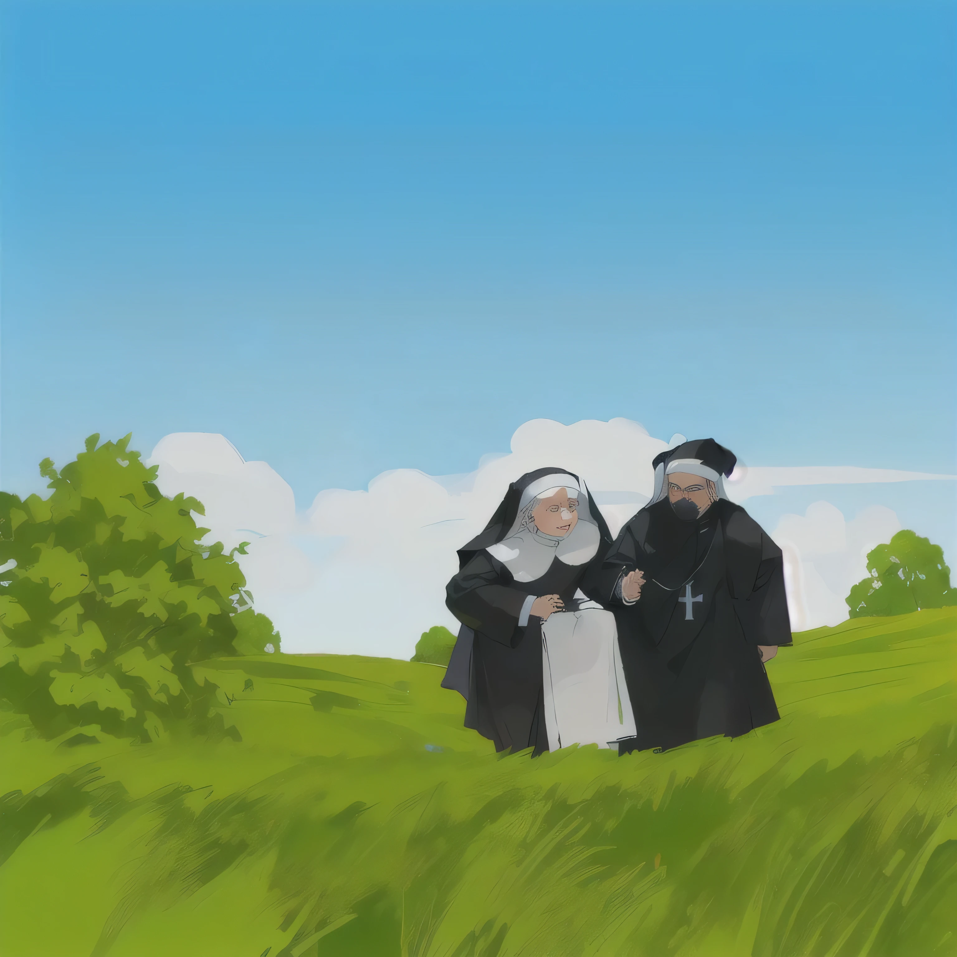 A nun and a priest walking in a foliage, bush and nature, with blue sky, cartoon style, drawing.