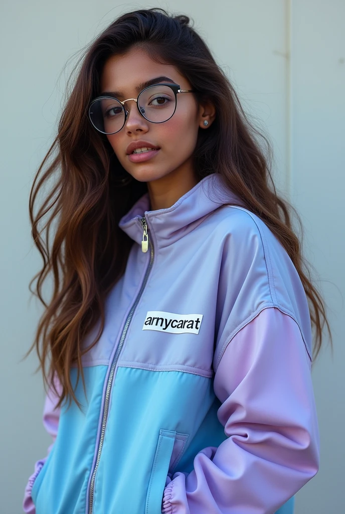 Dark skinned teenage girl with long brown hair and glasses wearing a half light blue half pastel purple jacket that says ARMYCARAT