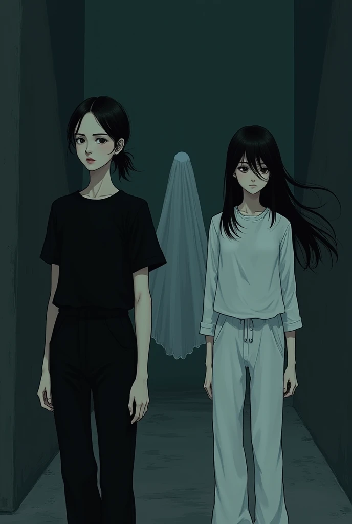 Two young women, one wearing a black shirt and black pants. Her black hair was pulled back. Another person wore a white shirt, loose hair, and loose pants, standing far away. The background was a dark tone and there was a male ghost. semi-realistic lines