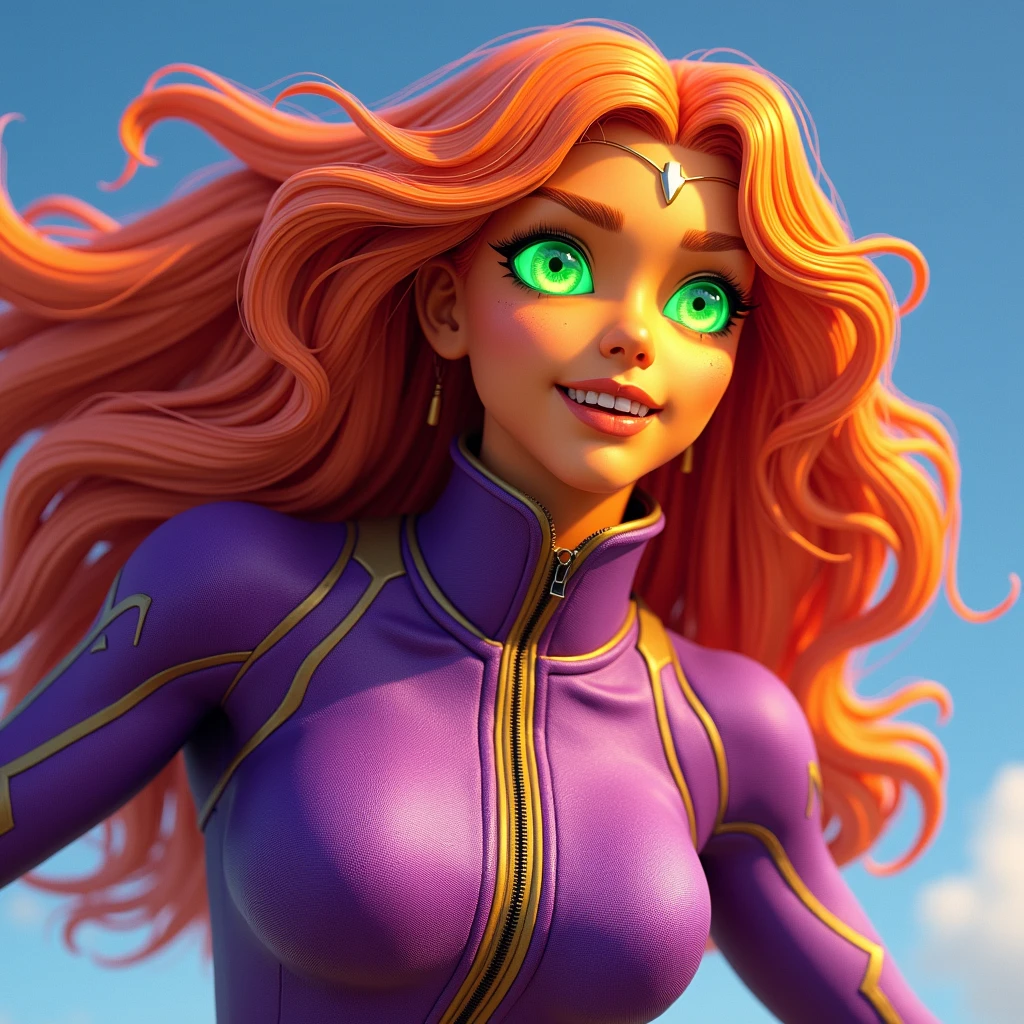 An orange skinned girl, wearing a purple sleeveless power suit. Her eyeballs are bright green, glowing and without pupils inside. She has orange long and wavy hair, an hairbang and she is busty. She flyes in the sky. Beautiful detailed face