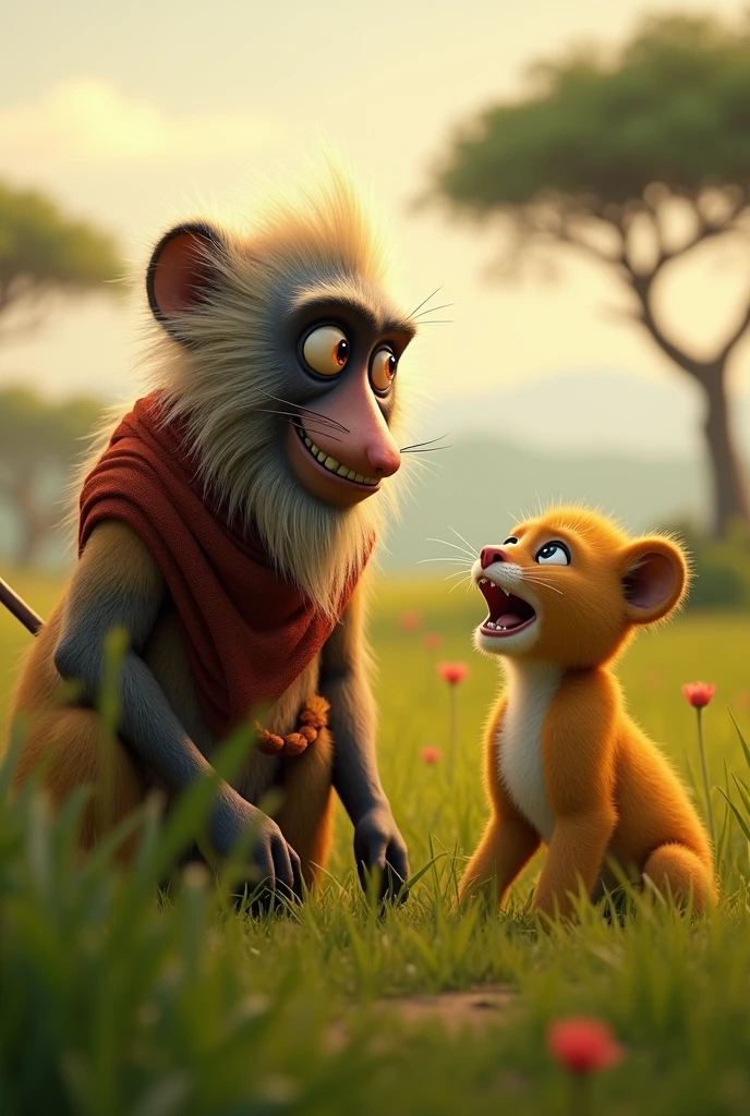 Rafiki(Lion) smiles proudly as Leo(young lion) opens his eyes, surprised by his own roar.]