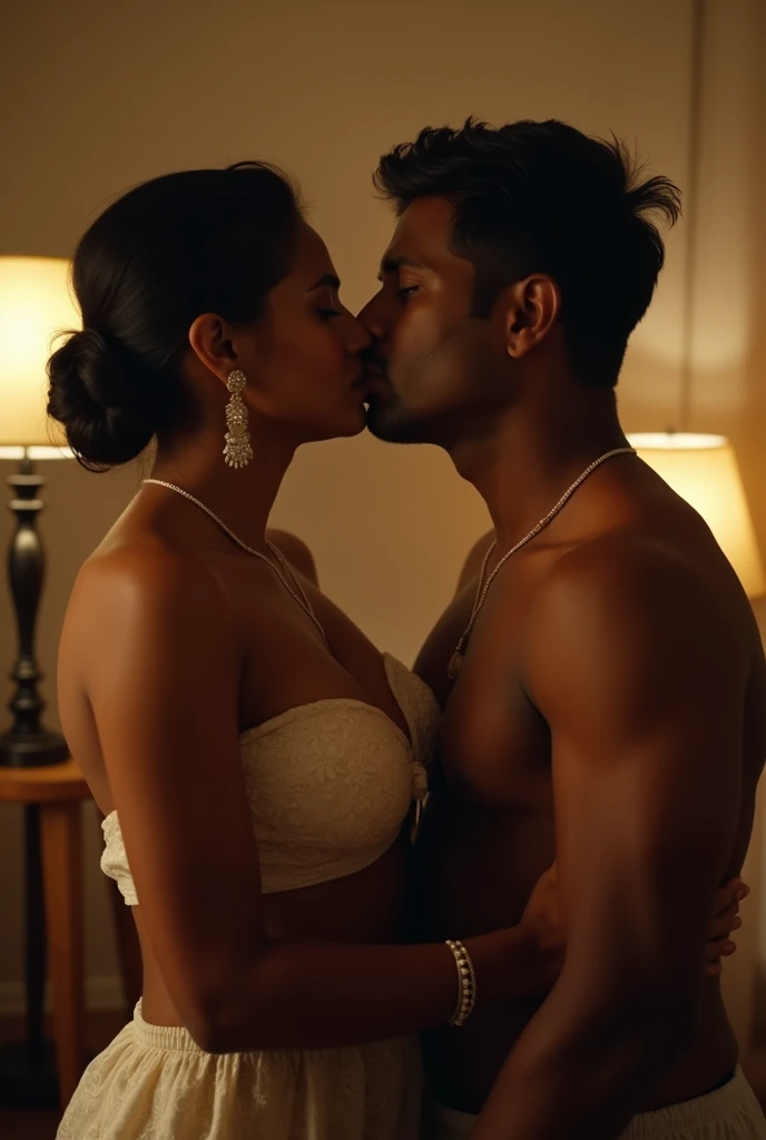 (photorealism:1.2), Beautiful Mature Srilankan Mother, Exposed large breasts, Kissing with a Young 18 year Old Boy, Lamp lit in the room.