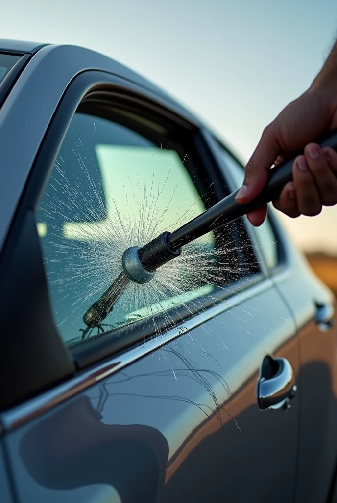a flexible, unbreakable car window being hit with a tool as seen from outside, Flexible vending is noticeable when the thick-tipped tool tries to pass through but cannot pass through because the vending is flexible and unbreakable..
