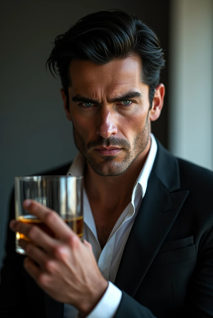 Realistic man with black hair and blue eyes and white skin, he is elegant, hairless on the intimidating face, Hard, stark, closed up, appealing. He has a glass of whiskey in his hand.