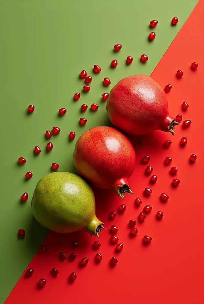 Image of a green pomegranate fruit and another red pomegranate and pomegranate seeds scattered to one side with a colored background that contrasts with the fruit .
