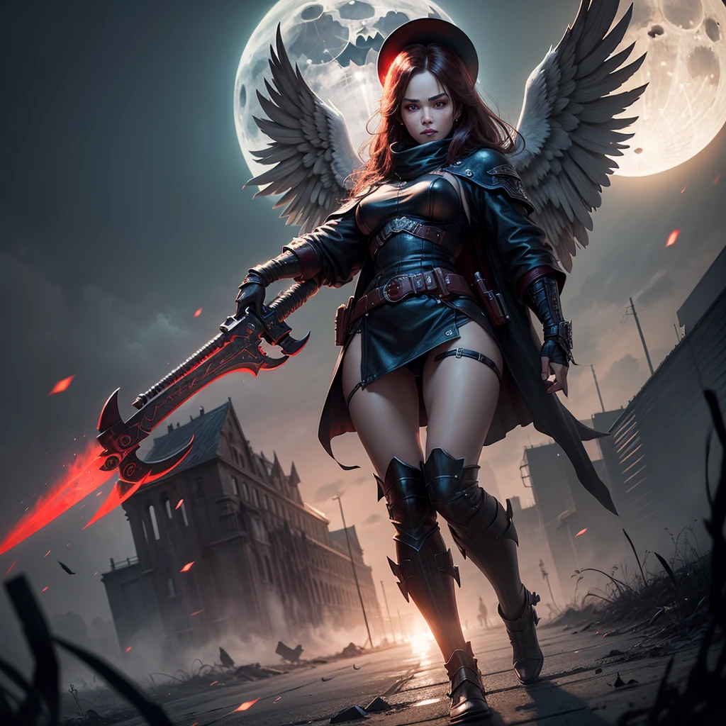 super realistic, super detailed, high resolution (1.3 resolution). angel of death. solo. bright red eyes carrying a complete weapon.. under the moonlight