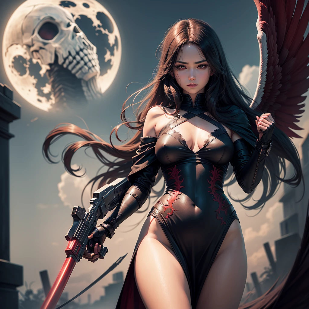 super realistic, super detailed, high resolution (1.3 resolution). angel of death. solo. bright red eyes carrying a complete weapon.. under the moonlight