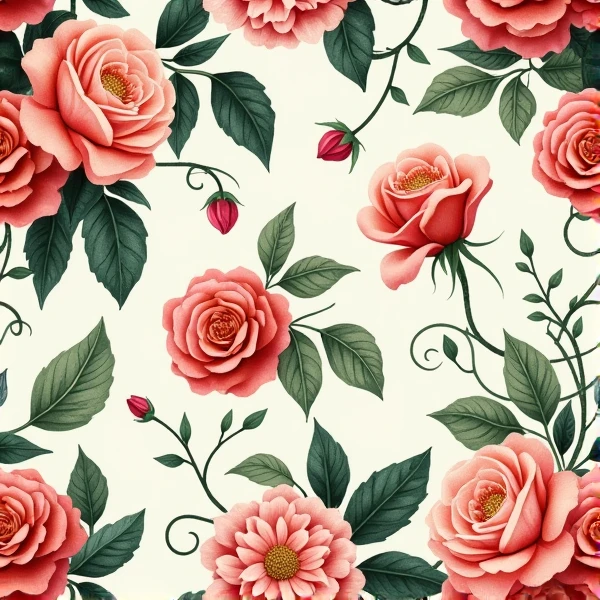 Create a seamless floral pattern with detailed botanical elements such as roses, leaves, and vines, using a vintage or watercolor style--tile-s750