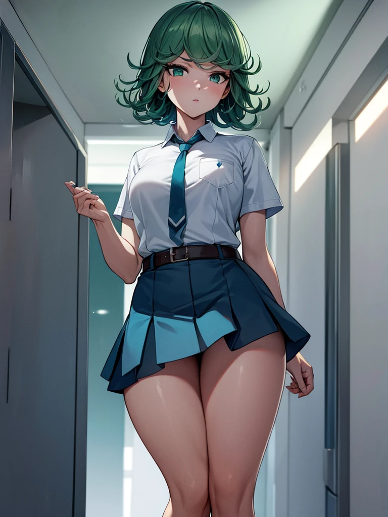 (high res, 8K, masterpiece, looking at viewer, best quality, very aesthetic, ultra detailed, ultra background, ultra Eyes) intricate details, 1girl, Tatsumaki, short sleeved white shirt, Light Blue Gray short skirt, Pockets on the left chest, Blue Gray tie, Wearing a belt, green short hair, green eyes, Normal Face, Background School Hallway, Cinematic Angle