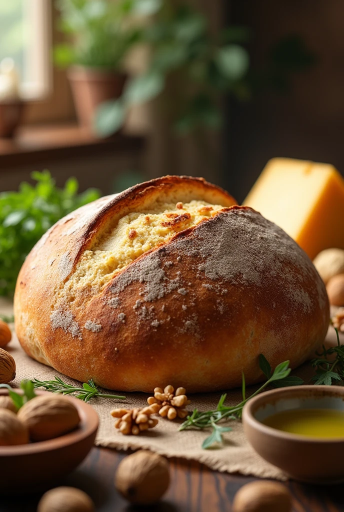 make a loaf of bread in the center of a table with several ingredients around it and list their names below them
