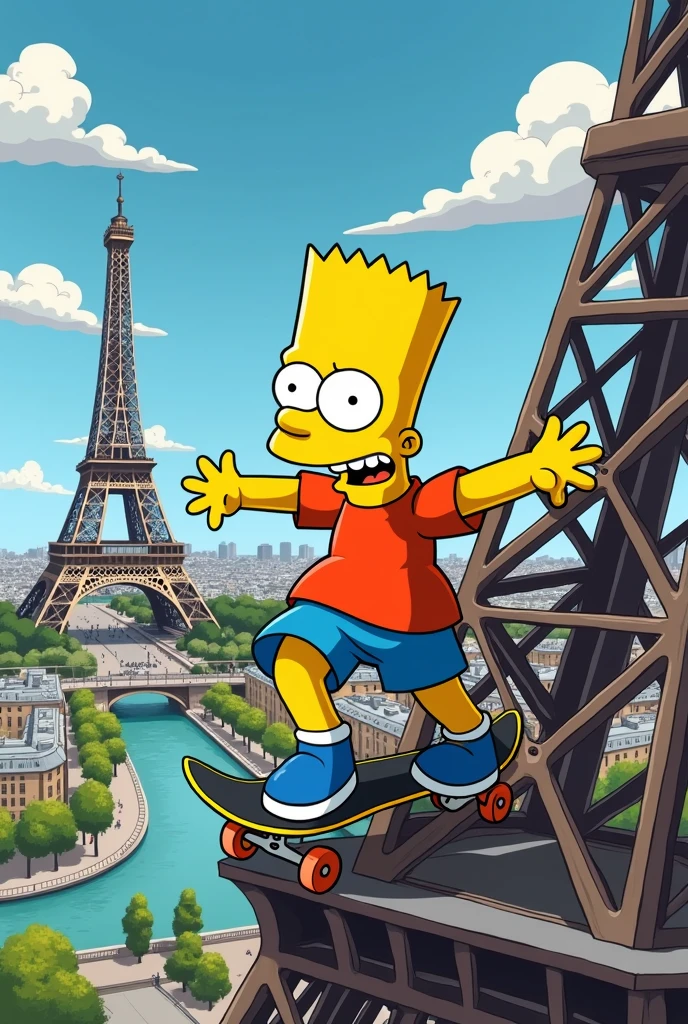 Create a picture of Bart Simpson on the Eiffel Tower with a skateboard.