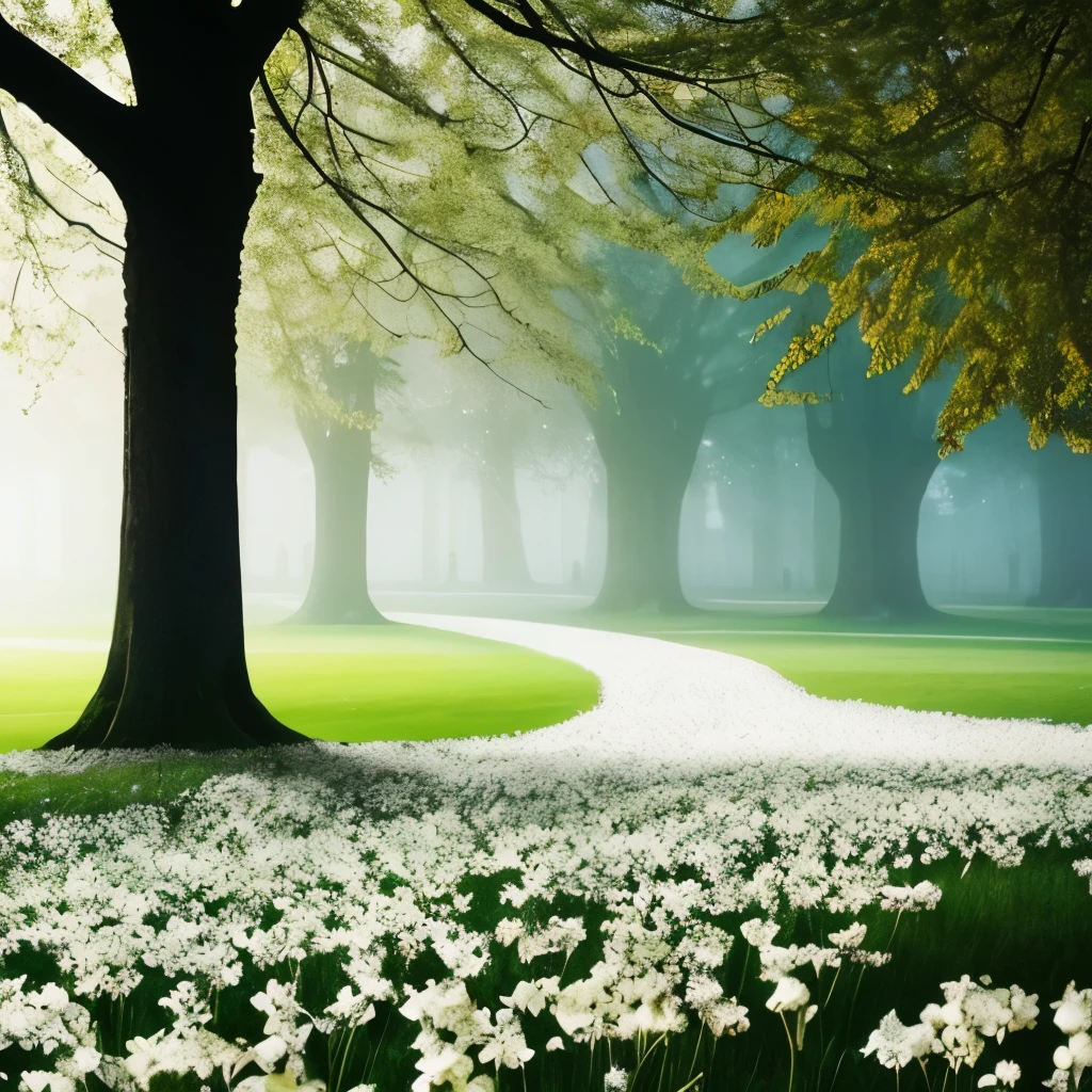 there are many white flowers in the grass near a tree, a photo by Ian Fairweather, pexels, romanticism, spring early morning, mystical kew gardens, springtime morning, early spring, flowers and trees, misty garden, delightful surroundings, incredibly ethereal, extremely beautiful and ethereal, dreamy scene, very magical and dreamy, spring early, very ethereal, spring light