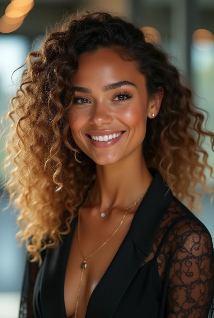 1, Caucasian skin, half mixed race, beautiful smile, curly brown hair with blonde ends, corpo sexy, Christian