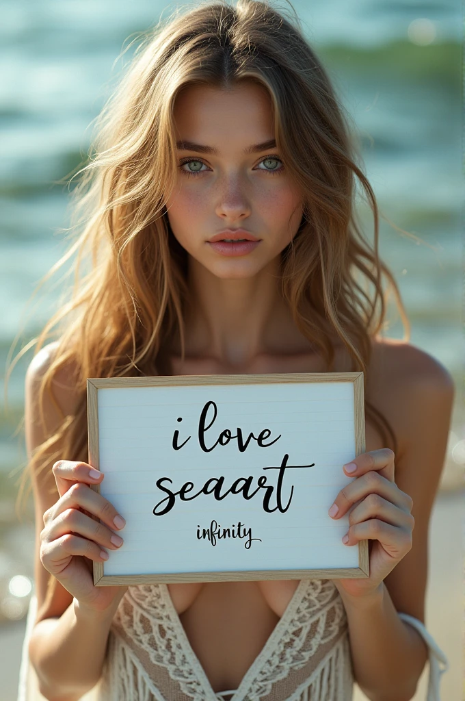 Beautiful girl with wavy long hair, bohemian dress, holding a white board with text "I Love Seaart Infinity" and showing it to the viewer