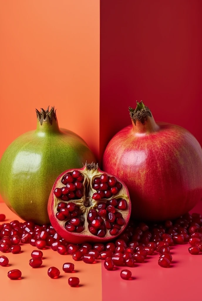 Image of a green pomegranate fruit and another red pomegranate and pomegranate seeds scattered to one side with a colored background that contrasts with the fruit .