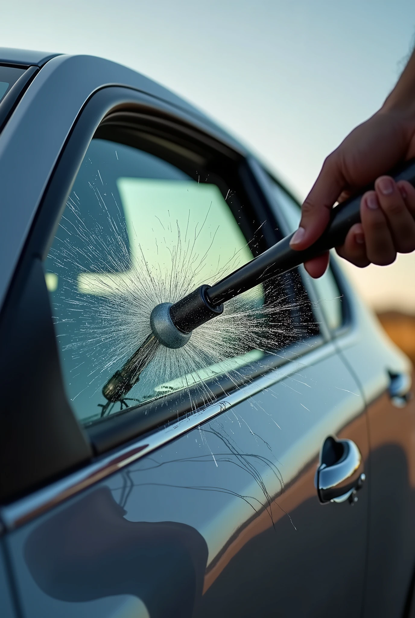 a flexible, unbreakable car window being hit with a tool as seen from outside, Flexible vending is noticeable when the thick-tipped tool tries to pass through but cannot pass through because the vending is flexible and unbreakable..

