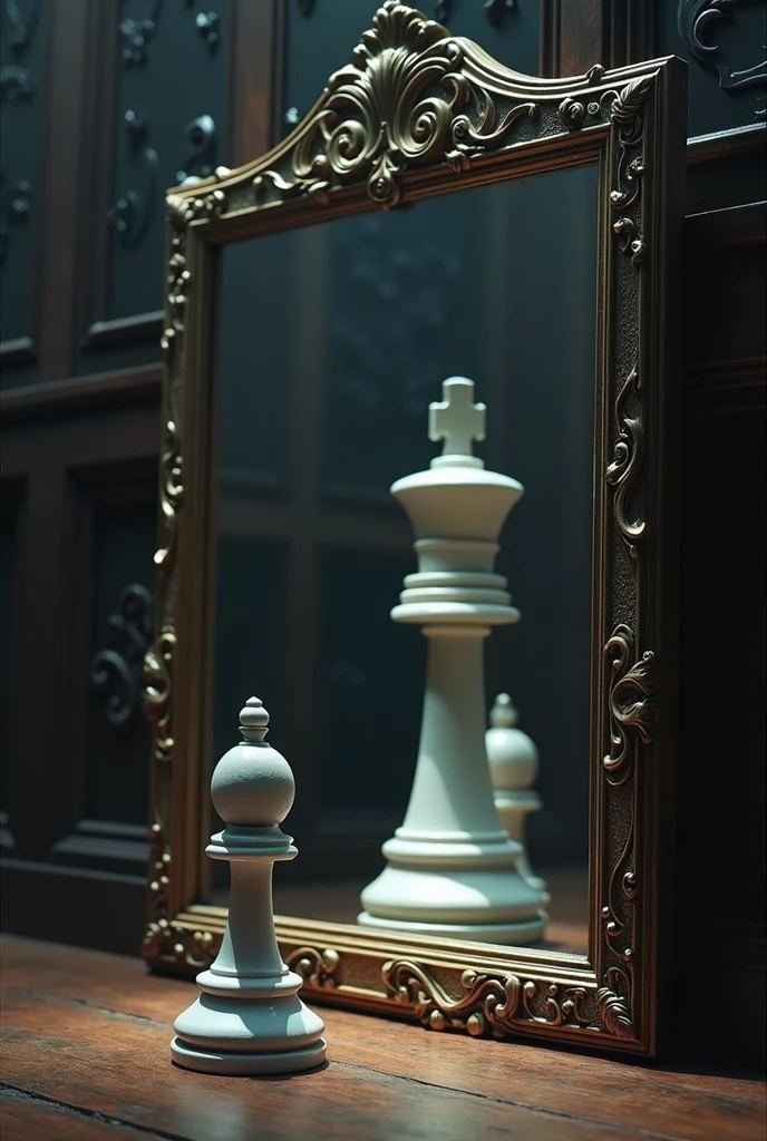 A chess pawn looking in the mirror and seeing a chess king