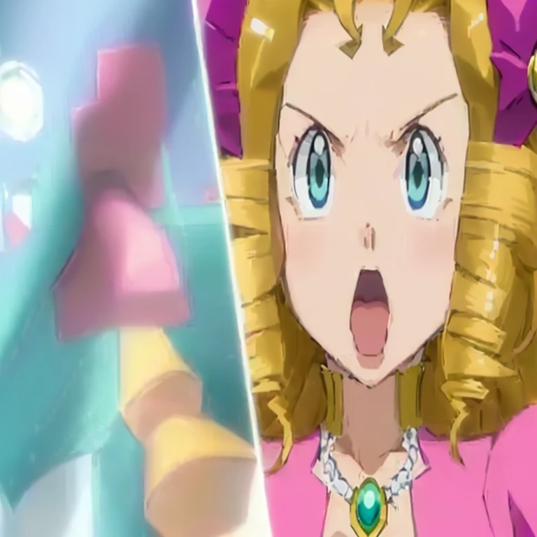 a close up of a cartoon character with a surprised look, glamorous angewoman digimon, safebooru anime image, gelbooru anime image, anime screenshot, gyro zeppeli, the princess of power, menacing!, today's featured anime still, ann takamaki, nighttime!!, menacing!!!, giorno giovanna, black magician girl, anime screencap