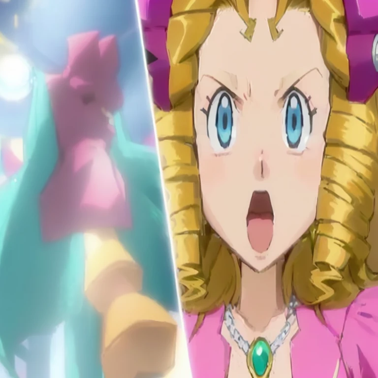 a close up of a cartoon character with a surprised look, glamorous angewoman digimon, safebooru anime image, gelbooru anime image, anime screenshot, gyro zeppeli, the princess of power, menacing!, today's featured anime still, ann takamaki, nighttime!!, menacing!!!, giorno giovanna, black magician girl, anime screencap