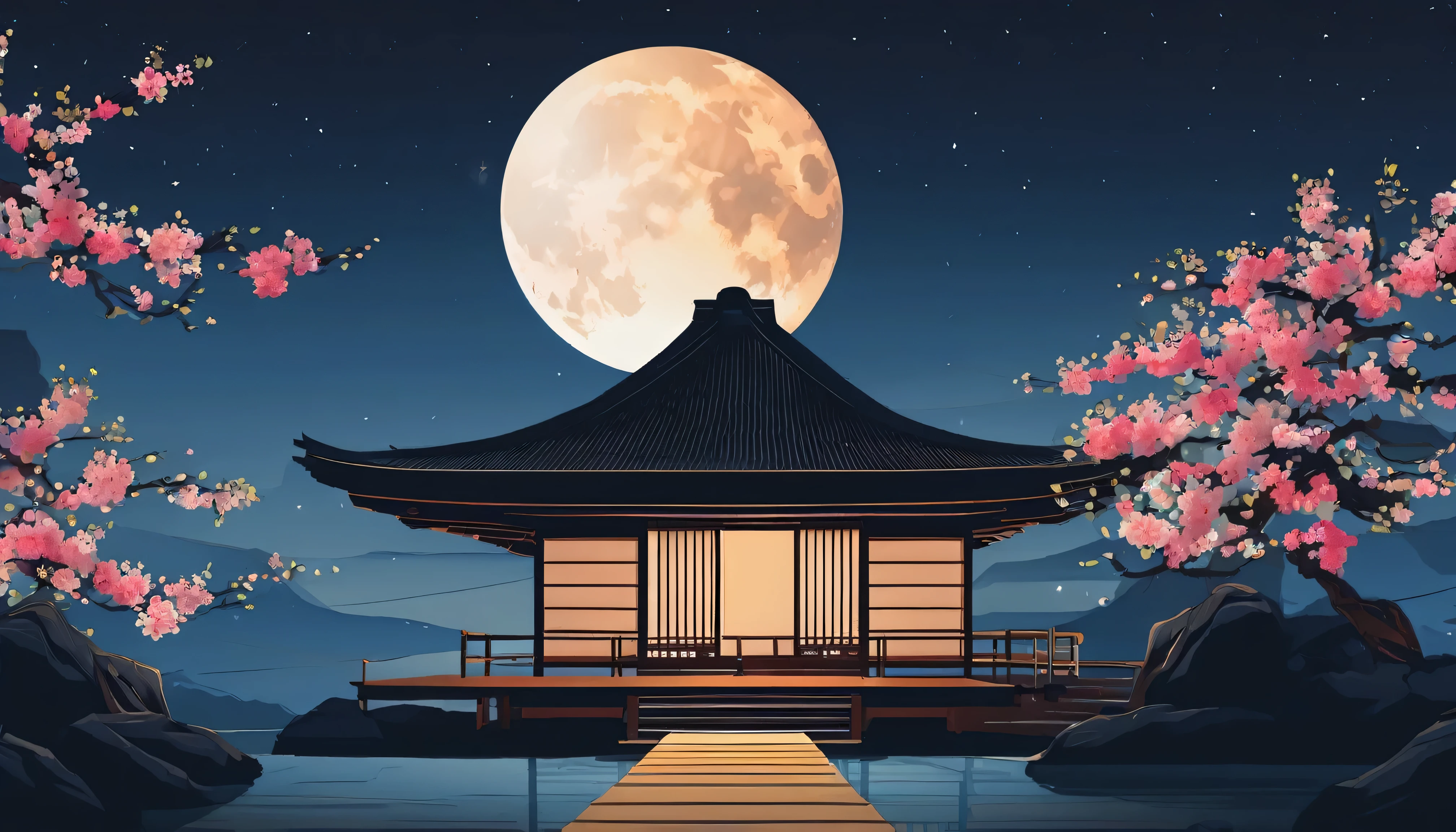 wallpapersv1, Japanese house night moon view patern style wallpapersv1, 8k